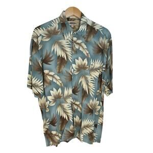 CAMPIA MODA Short Sleeve Mens Button Up Size Large Floral Blue/Cream 100% Rayon